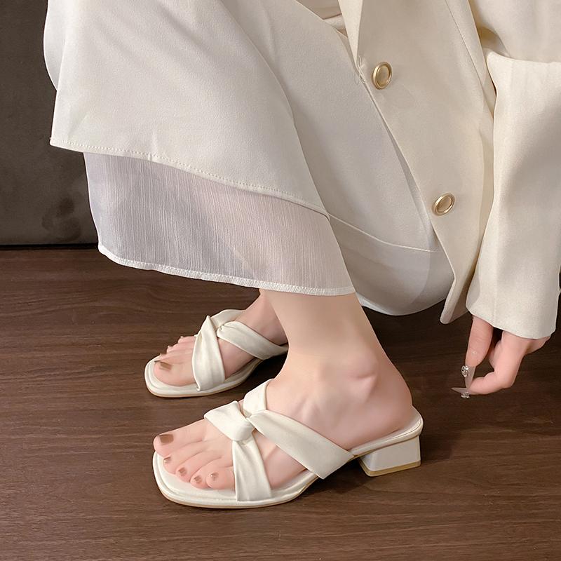Fashion 2025 New Women Genuine  Sandals Mid Heel Shoes Square Toe Pleated Thick Heels Ladies Footwear Summer Apricot Beige