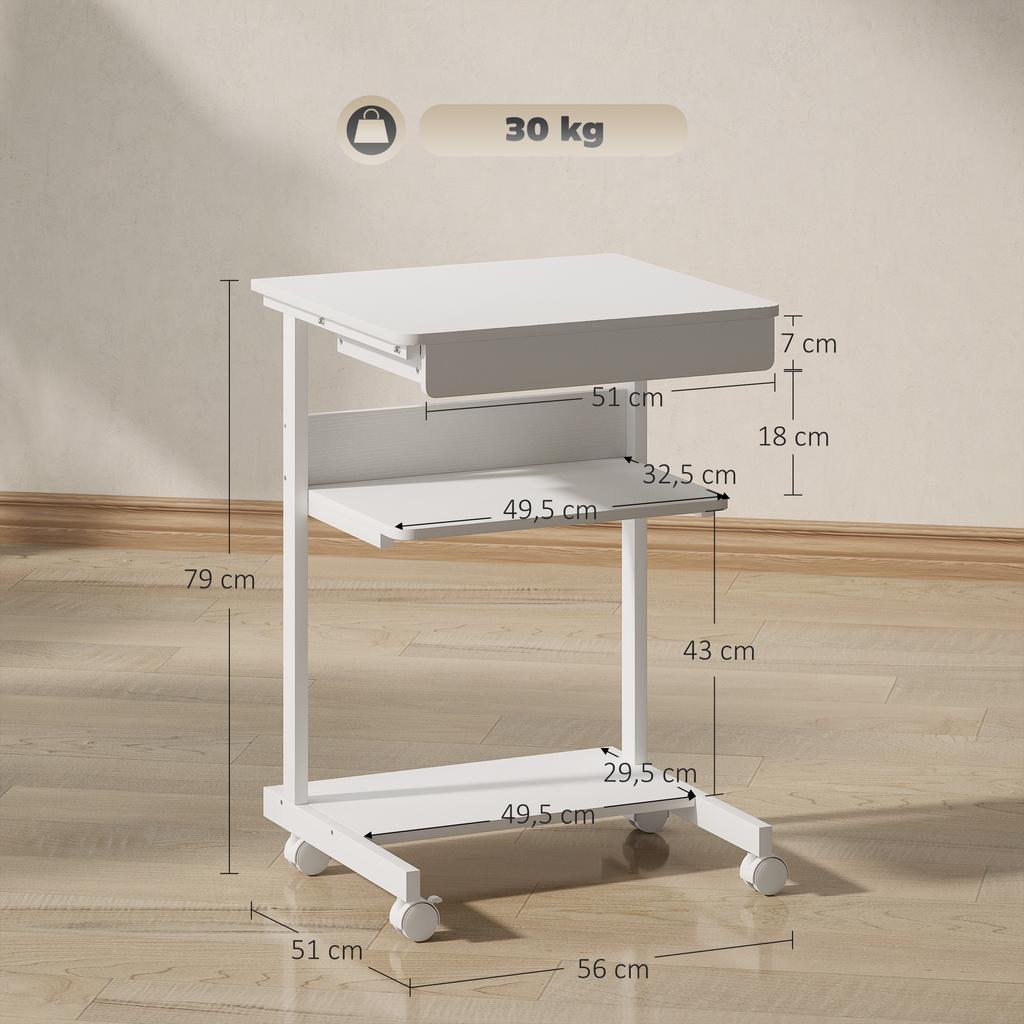 Rolling Desk with Drawer and Shelves, 4 Wheels, Compact, Chipboard, Metal