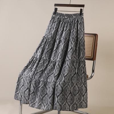 DX~~ French Retro Printing Stitching A-word Skirt Women's Summer New High-waist, Slim and Thin Big Swing Skirt