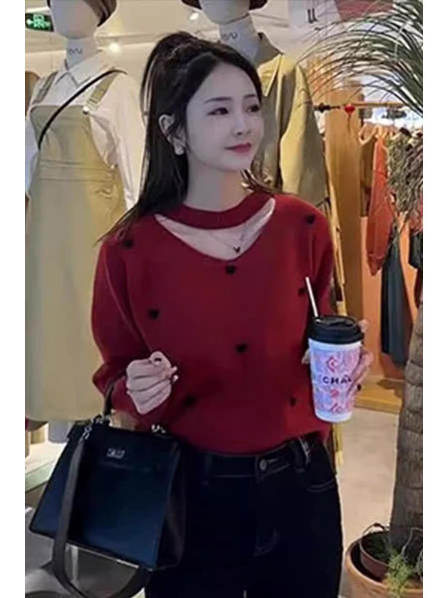 

2025 Retro Chic French Collar Long Sleeve Knitted Pullover Sweater for Spring and Autumn M червоний