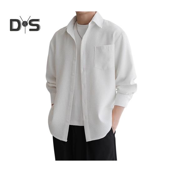 

Мужская вафельная рубашка на пуговицах с длинным рукавом, повседневная свободная футболка с нагрудным карманом, мужская осенняя деловая рубашка 2XL белый