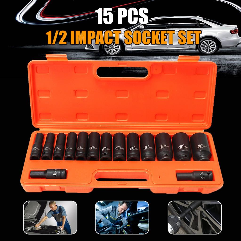 10-32mm 1/2" Inch Drive Deep Impact Metric Socket Set Air Garage Sockets 15pc Black