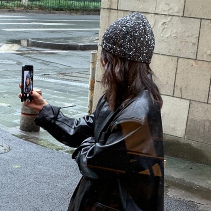 Cool Black Sequins Party Hat Breathable Skull Hat Party Bonnet Knit Hat