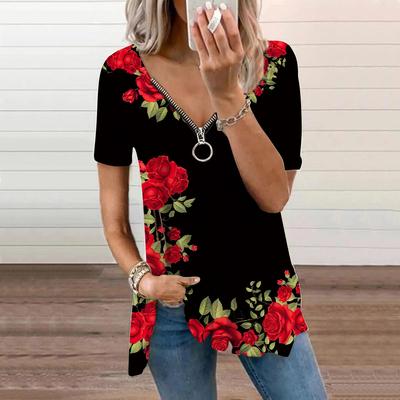 Top da donna estivo nuova moda multicolore stampato rose casual con cerniera scollo a V manica corta