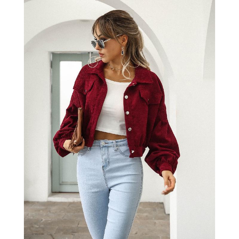 European and American Style Autumn Winter Casual Corduroy Jacket with Lantern Sleeves and Single Breasted Short Coat for Women