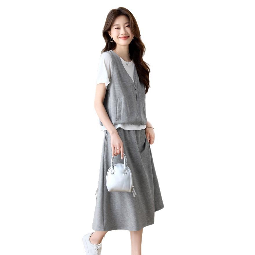 Fashion suit women's summer new loose casual skirt vest top fake two-piece set