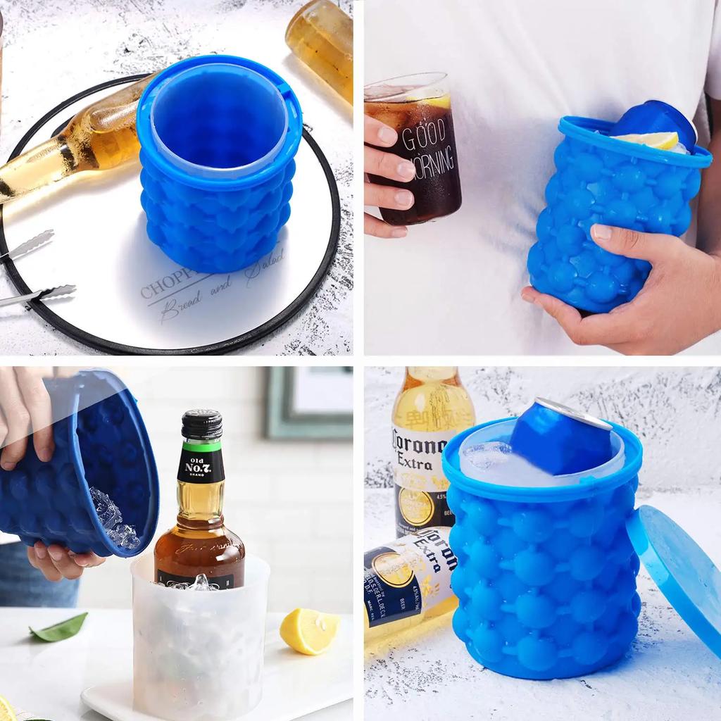 2-in-1 Silicone Ice Cube Mold & Ice Tray, Large Circular Ice Bucket, Portable Dark Blue Ice Maker for Summer Drinks