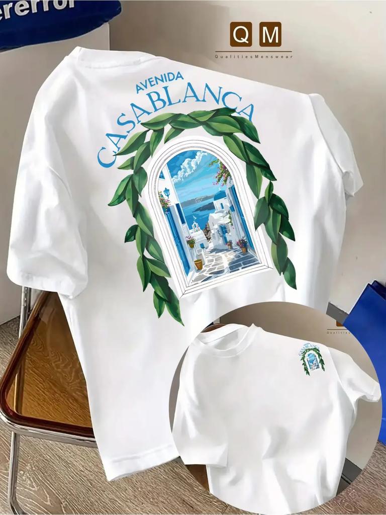 Herren T-Shirt mit marokkanischer Stadtarchitektur Stranddruck Reiner Baumwollstoff mit Casablanca Schriftzug - Sportliches und lässiges Damen YTK T-Shirt