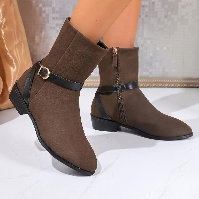 Mode Vintage Braune Western Cowboy Stiefel Damen 2025 Winter Seitenreißverschluss Mittelhoher Absatz Wildleder Stiefeletten Metall Gürtelschnalle Designer Schuhe
