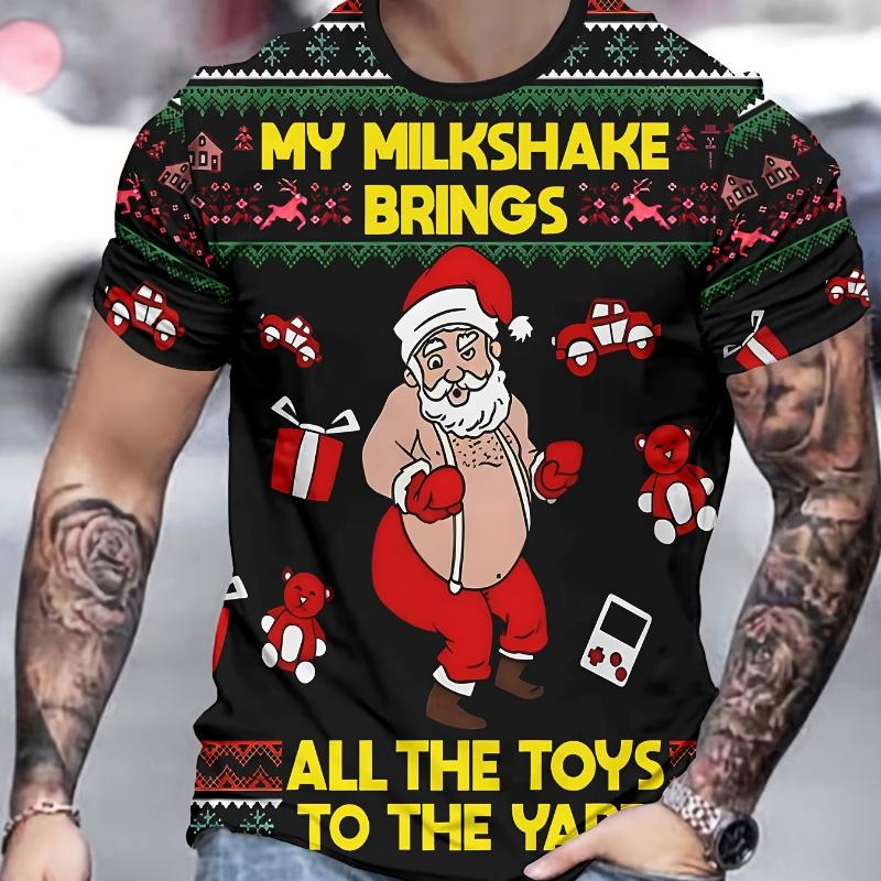 1 Stück Polyester Strick Festliches Herren 3D Weihnachts-Print T-Shirt, Feiertags Neuheit Top