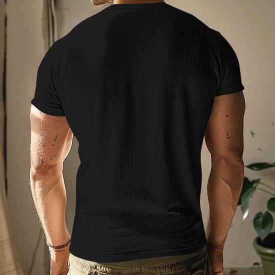 Camiseta de verano para hombre, de manga corta, ajustada, fina, de color liso, elástica, con botones, cuello en V, jersey de hilo, deportiva, para fitness