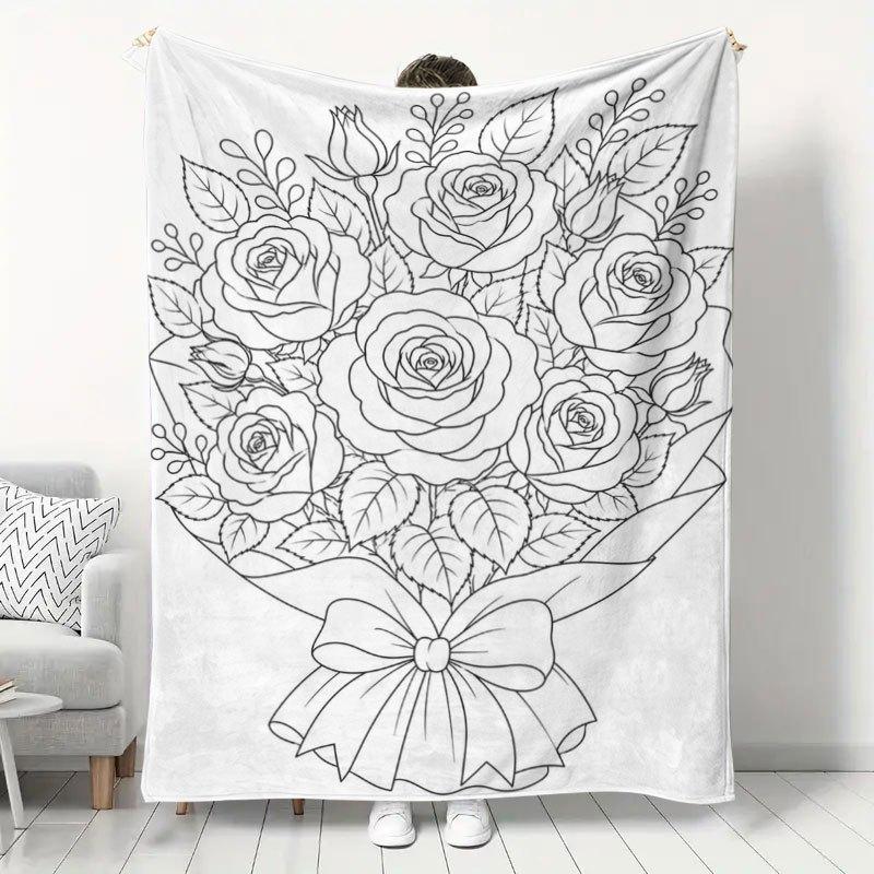 1pc Rose Line Art Pattern Flannel Blanket, DIY Coloring Blanket, Autumn/Winter Warm Throw Blanket, Living Room Sofa Leisure Blanket, Bedroom Bed Cover