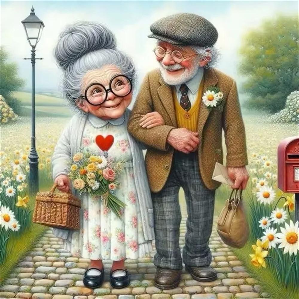 Cartoon Happy Old Couple 5D Full Round Diamond Painting Kits, Cute Grandma and Grandpa DIY Drills Mosaic Embroidery Cross-stitch