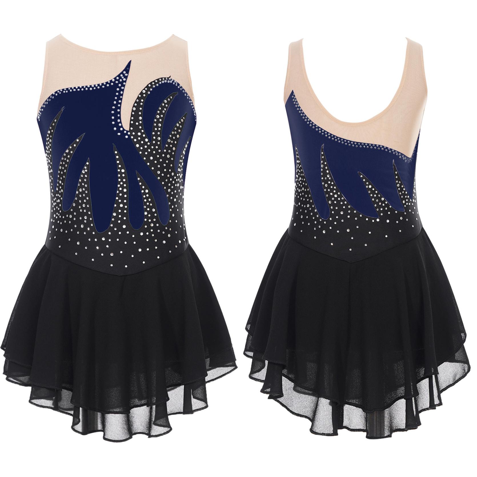 

Костюм для фигурного катания для девочек, костюм для лирического танца, балета, художественной гимнастики, трико, платье, блестящая сетка со стразами, танцевальная одежда