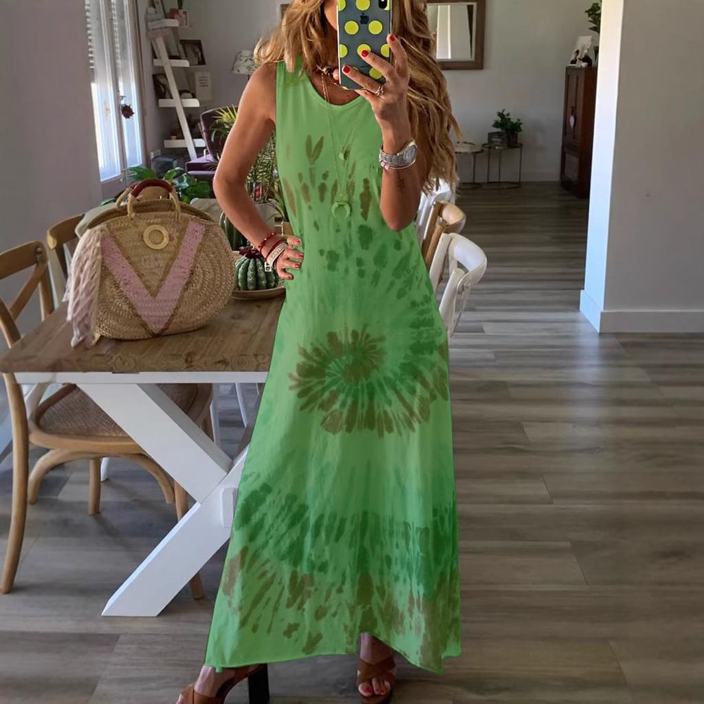 GMXIA Women's Fashion Summer Spring Solid Color Print Sleeveless O-Neck High Waist Casual Dresses