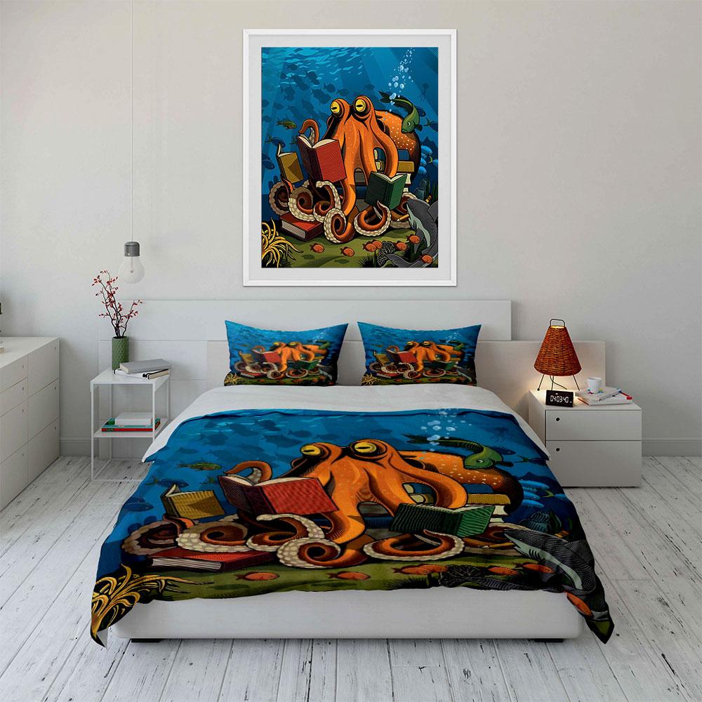 Underwater Octopus Reading Scene Bedding Set For Kids Luxury Gift 3Pcs Digital Print Comforter Set Soft Comfortable Breathable