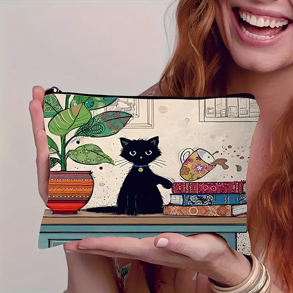 Cat, Strawberry Girl, Friendship Pattern, Travel Supplies Bag, Waterproof Polyester Zipper Bag, Cosmetics, Accessories
