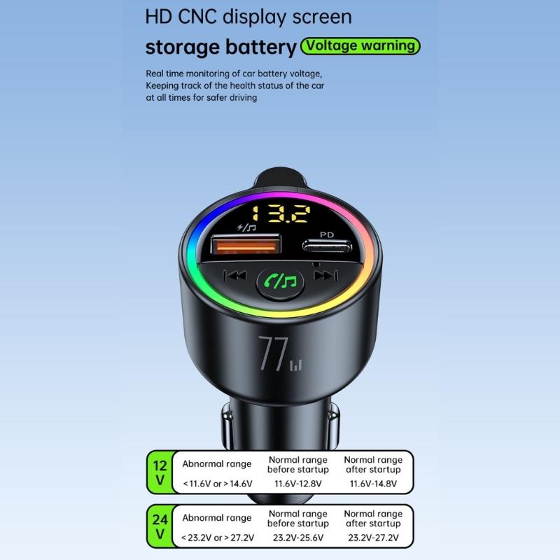 77W Bluetooth-compatible 5.4 FM Transmitter Car Adapter 65W+12W Fast Charging Car Adapter Call Sound LED Display