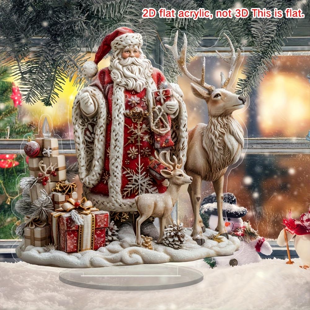 2D Flat Decoration Acrylic Santa and Reindeer Tabletop Display, Tabletop Decoration, Home and Office Decoration with Base, Home Christmas Decoration