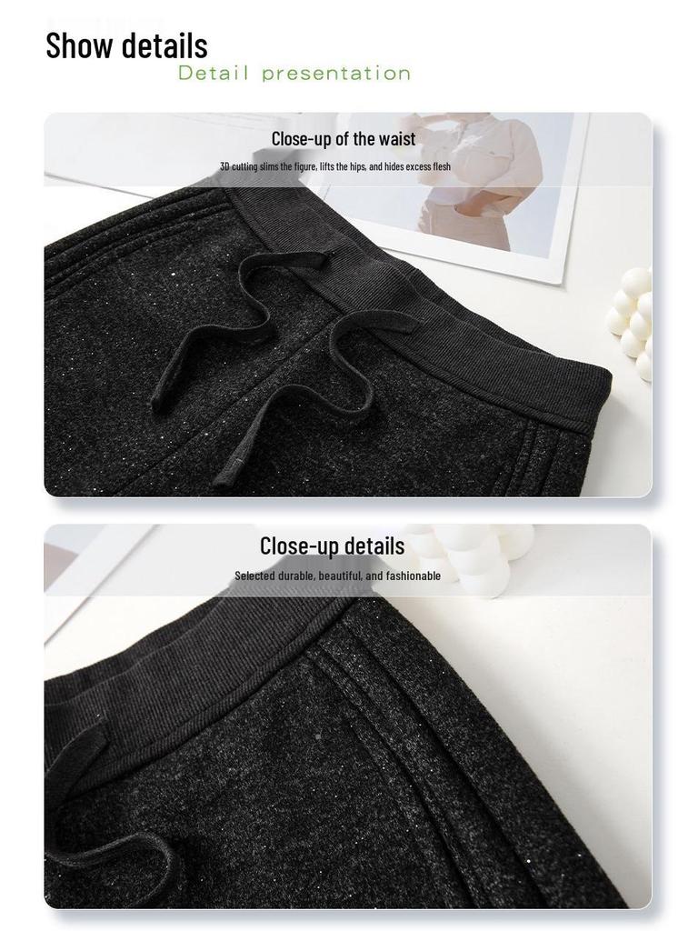 Gray Rhinestone Wool Wide-Leg Pants - Women's Winter 2025 High-Waisted Velvet-Enhanced Straight-Leg Trousers