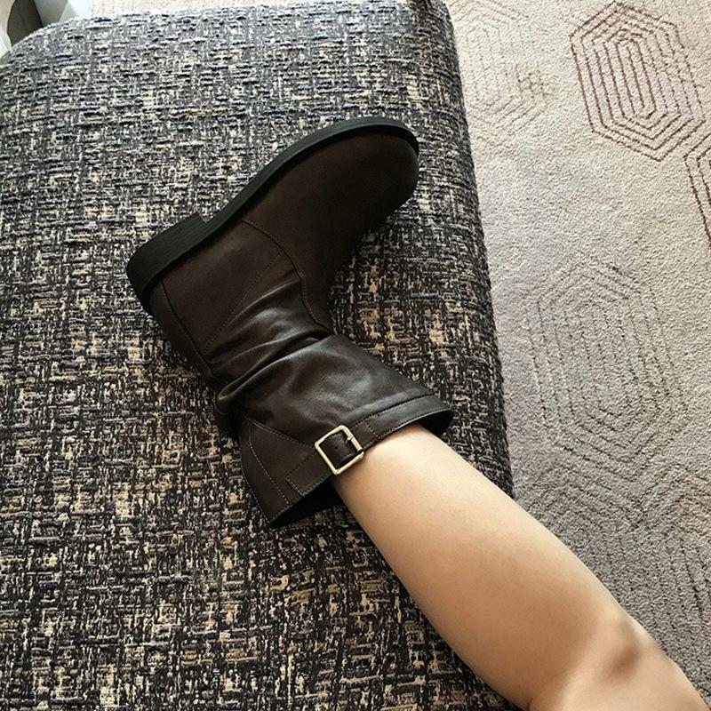 Super Fire! Korean Small Short Boots Women's 2025 New Spring and Autumn Single Boots Brown Round Head Fashion Pleated Medium Tube Martin Boots