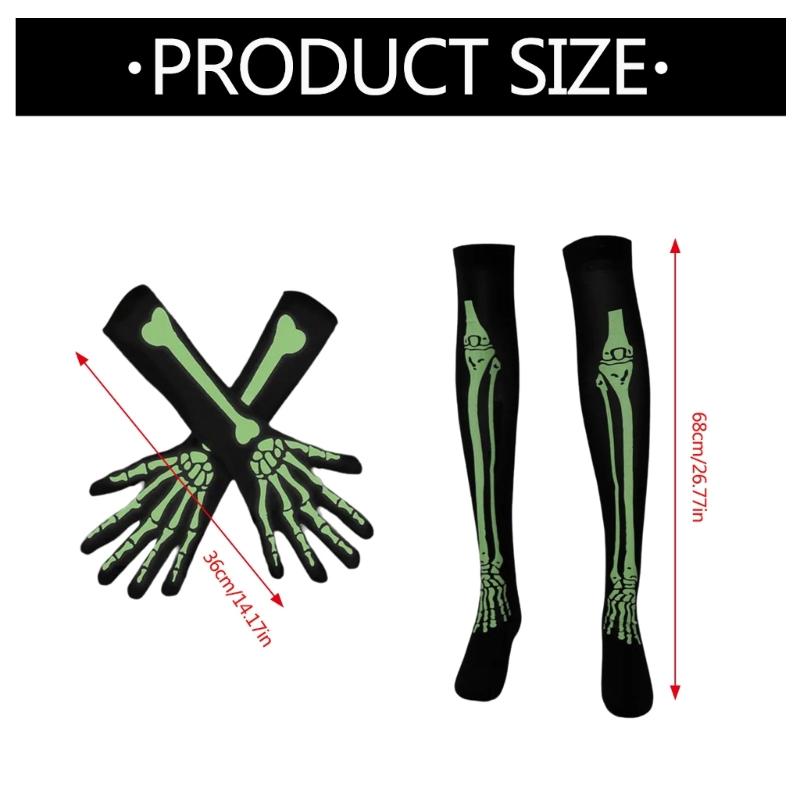 Leuchtende Skelett-Socken Skelett-Handschuhe Leuchten im Dunkeln Strumpfhosen Skelett-Knie Hohe Socken Halloween-Kostümzubehör