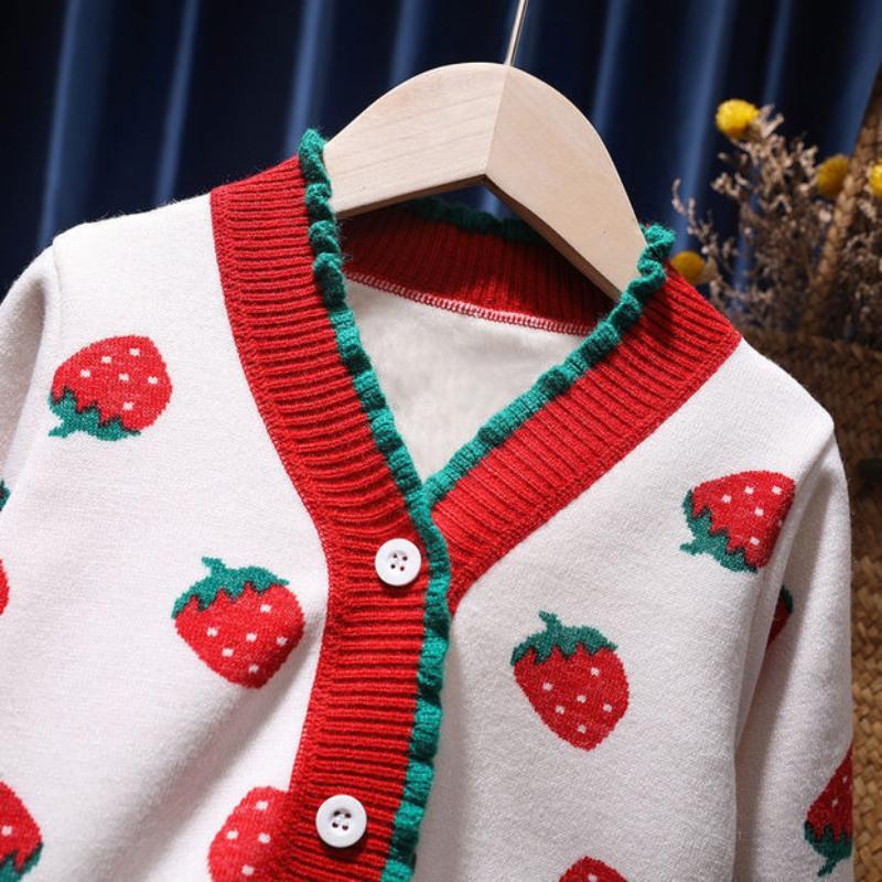 Girls Knitted Cardigan Button V-Neck Sweater With Cute Strawberry Jacquard Kids Long Sleeve Sweater