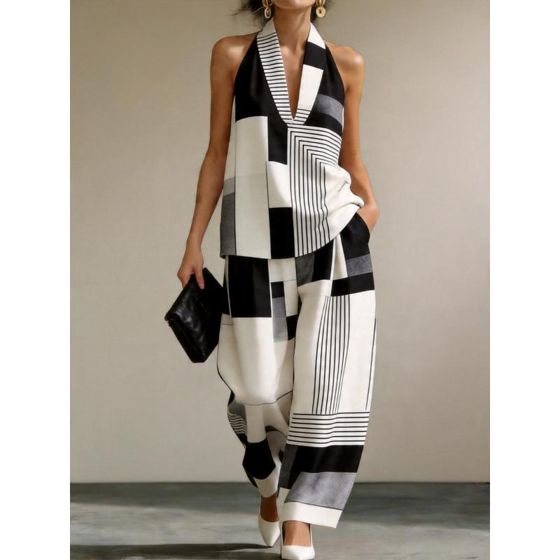 1116 set European and American women's clothing printed neck V-neck sleeveless casual pants set