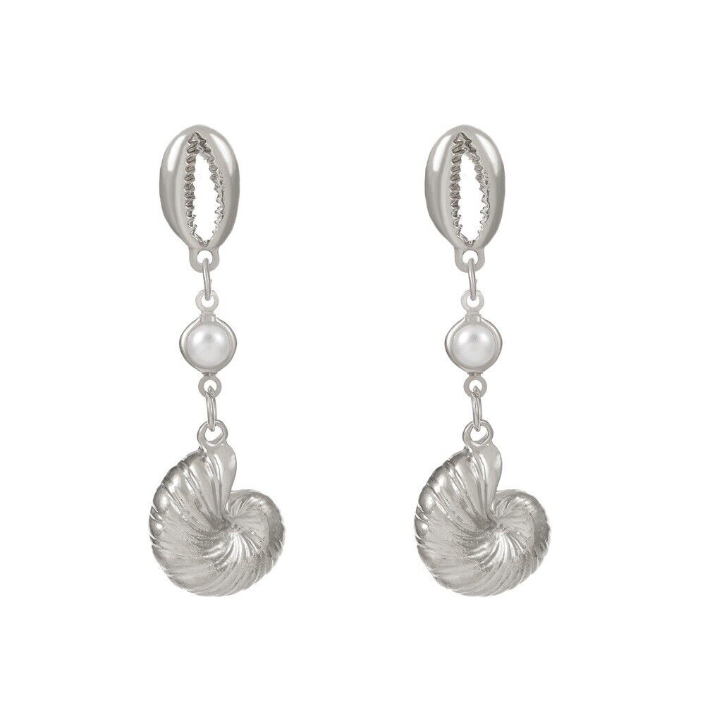 Muschel-Ohrringe für Damen - Gold/Silber Metallic Boho Perlen-Hängeohrringe, Sommer Strand Nautisches Tropfen-Ohrring-Set mit Muschel-Anhänger