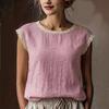 Haut Rétro en Lin à Manches Courtes avec Patchwork de Dentelle pour Femme, Col Rond, Coupe Ample et Amincissante, T-shirt en Lin Respirant pour l'Été
