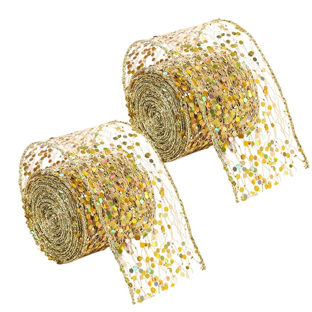 Рождественская лента Блестящая атласная лента Декоративная лента с пайетками 5.8CM gold