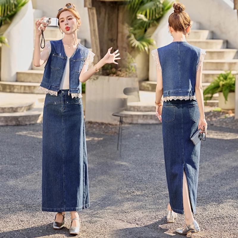 

Летний ретро джинсовый комплект из двух предметов: куртка и юбка-полусолнце с кружевной отделкой для женщин, 2025 L (52-60 kg)