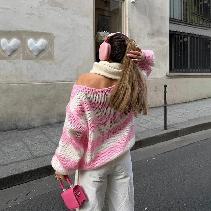 Beiläufige Gestrickte Gestreifte Pullover Frauen Lose Off Schulter Slash Neck Langarm Weibliche Pullover 2024 Herbst Dame Straße Jumper