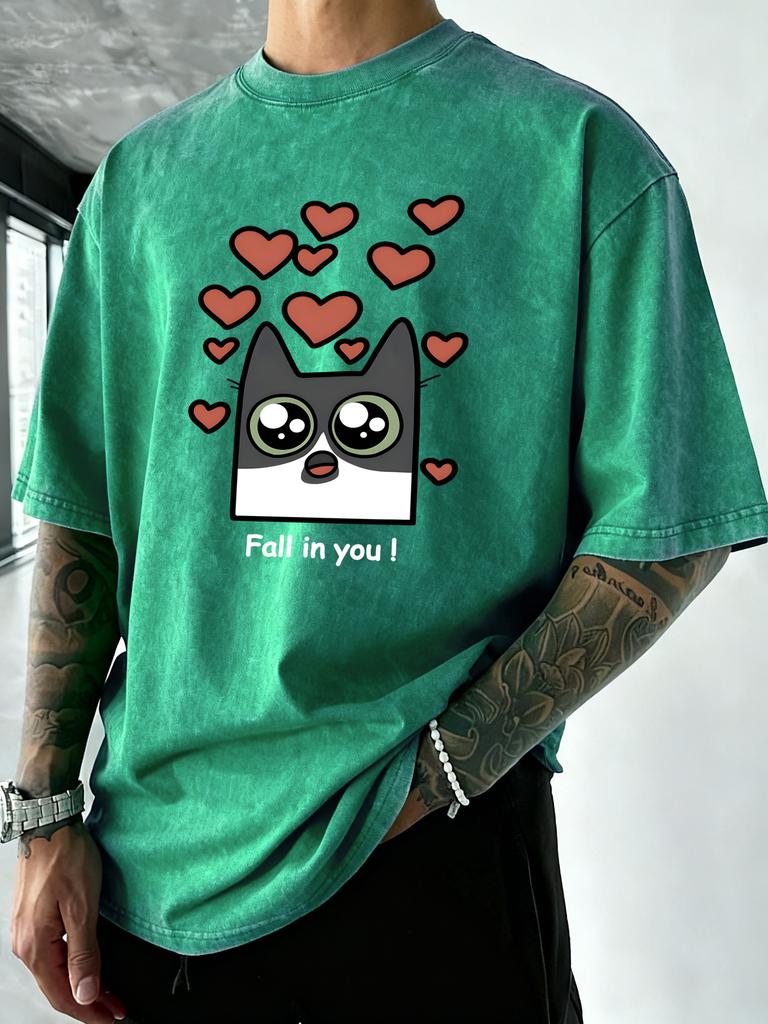 Fall In Love You Cat Pattern Washed TShirts Men Cotton Casual T Shirt Summer Gym Short Sleeve Crewneck Loose Man Clothing