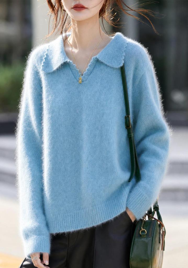 2026 A/W Women's Cashmere Wool Lapel Knit Sweater - Soft Brushed Solid Color, Long Sleeve