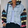 Women's Color Blocking Tie Dyed Denim Hole Tassel Long Sleeved Denim Jacket