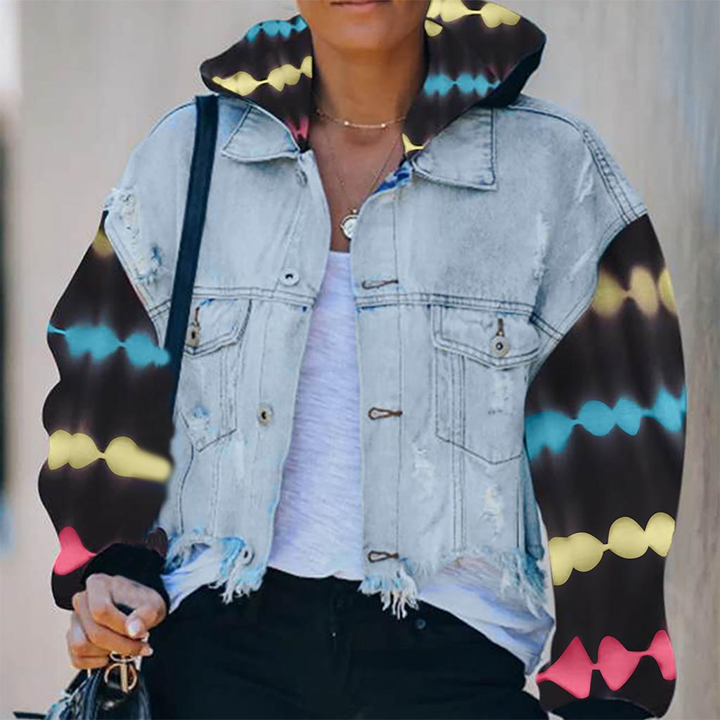 Women's Color Blocking Tie Dyed Denim Hole Tassel Long Sleeved Denim Jacket