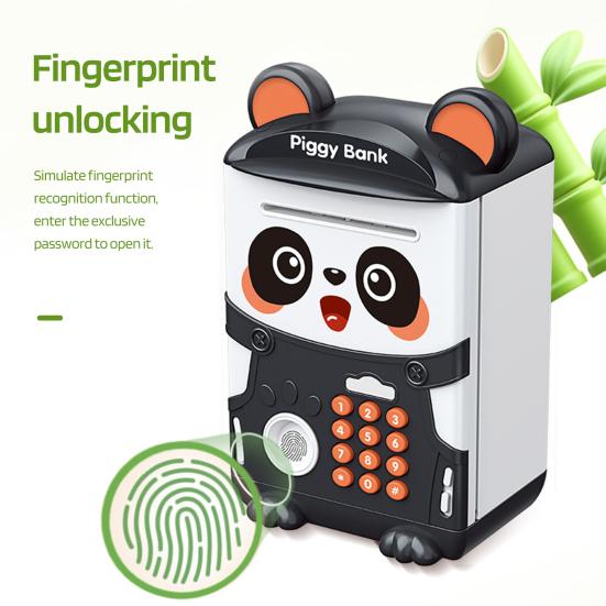 Kids Panda Piggy Bank Auto-Roll Password Fingerprint Unlocking Battery Operated Electric Coin Cash ATM Machine Boys Girls Birthday Gift