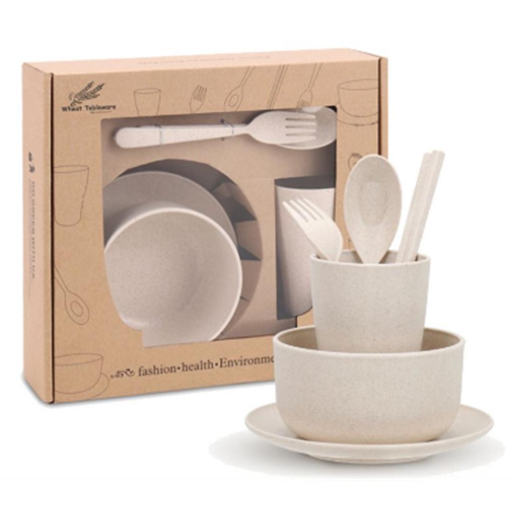 6Pcs Wheat Straw Dinnerware Set for Kids, Reusable Eco-Friendly Tableware Includes Bowl Plate Spoon Fork Chopsticks, Portable Gift Utensils