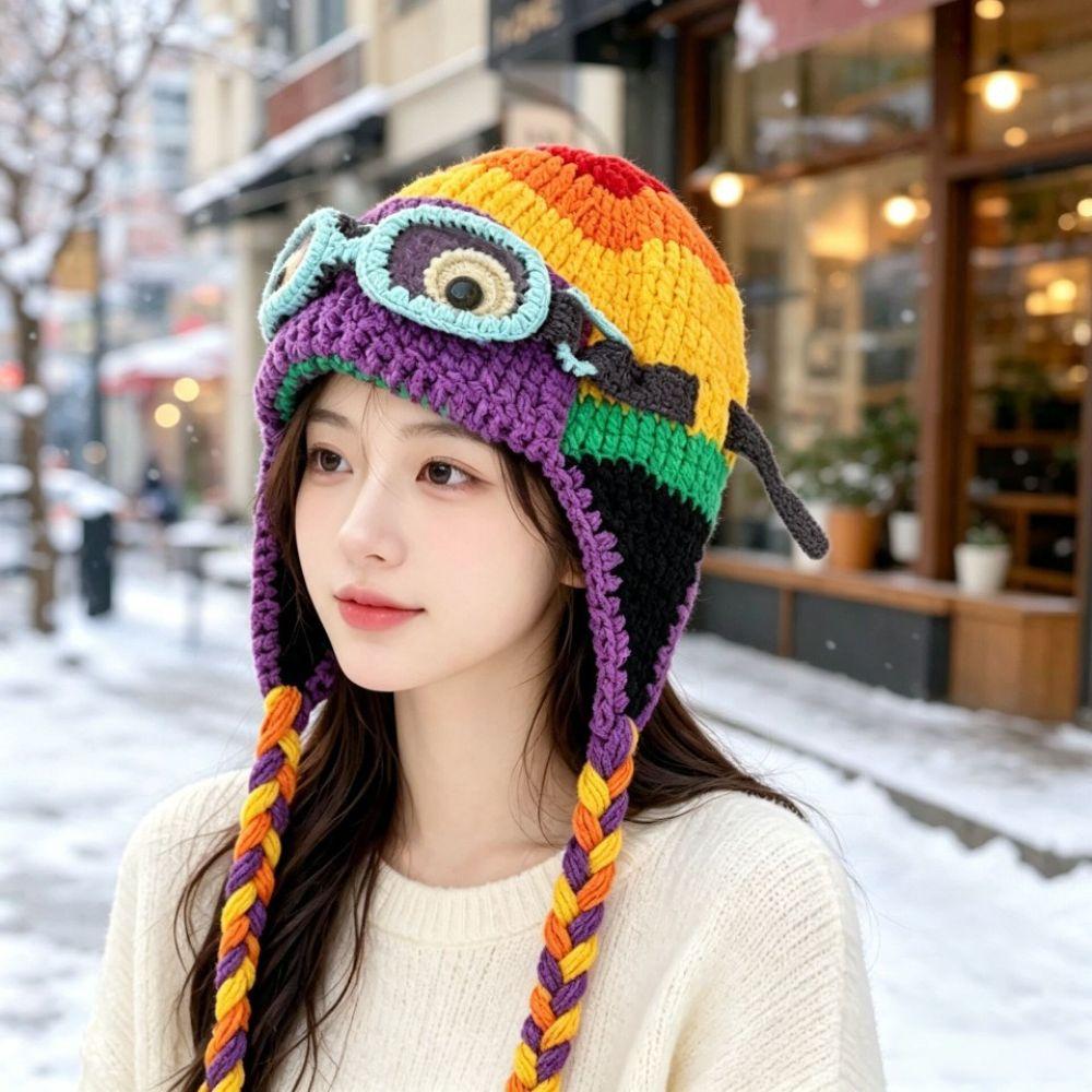 Windproof Knitted Beanie Crocheted Earflap Cap Casual Winter Pilot Hat With Goggles  Cycling