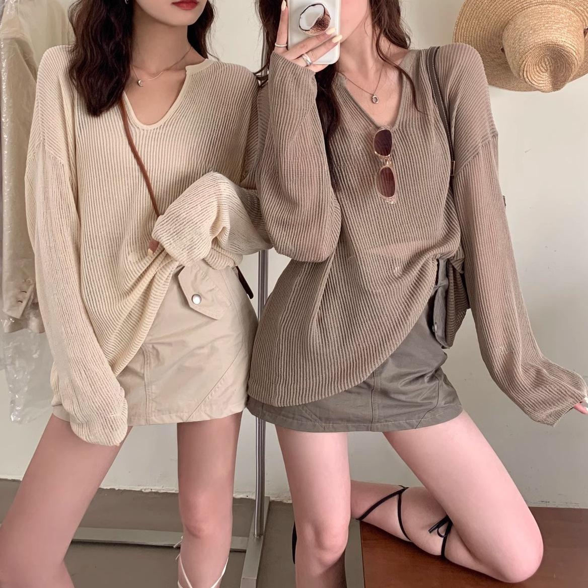 

Свободный и ленивый тонкий верх с длинными рукавами, с небольшим V-образным вырезом, летний прохладный солнцезащитный вязаный свитер для женщин Average size 53-125 абрикосовый