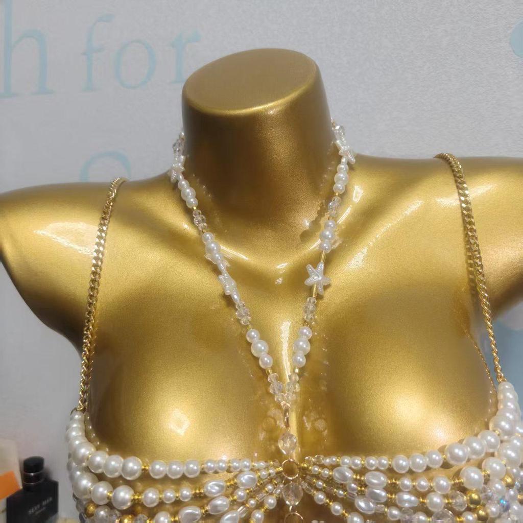 European Style Beaded Tassel Chest Chain Strappy Women's Vest for Beach Parties