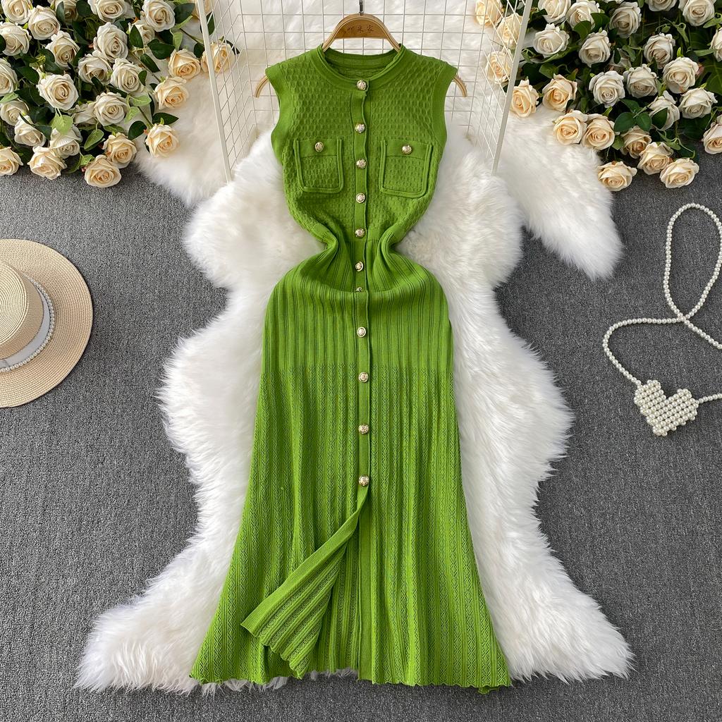 Summer Women O-neck Sleeveless Single Breasted Knitted Mid-calf Slim Tank Sweater Dresses