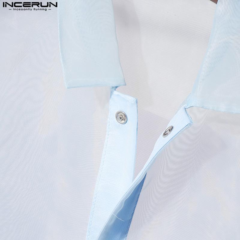 INCERUN Men Summer Short Sleeve Mesh Sheer Glitter Print Beach Through T-shirts