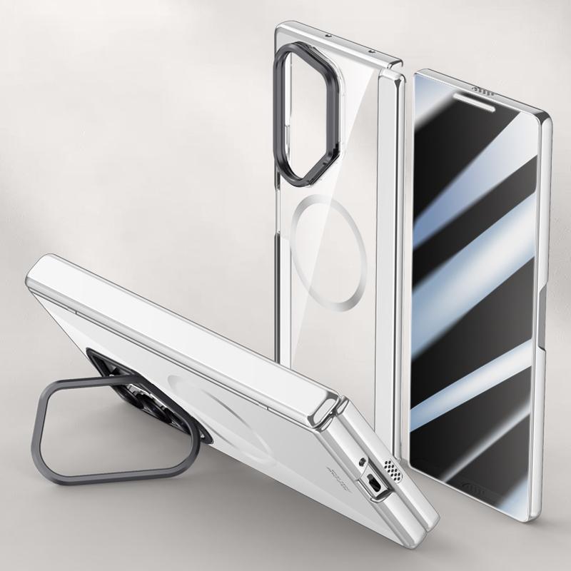 

For Samsung Galaxy Z Fold6 5G Magnetic Clear Case with Anti-Spy Screen Film PC+Acrylic Kickstand Phone Cover Silver