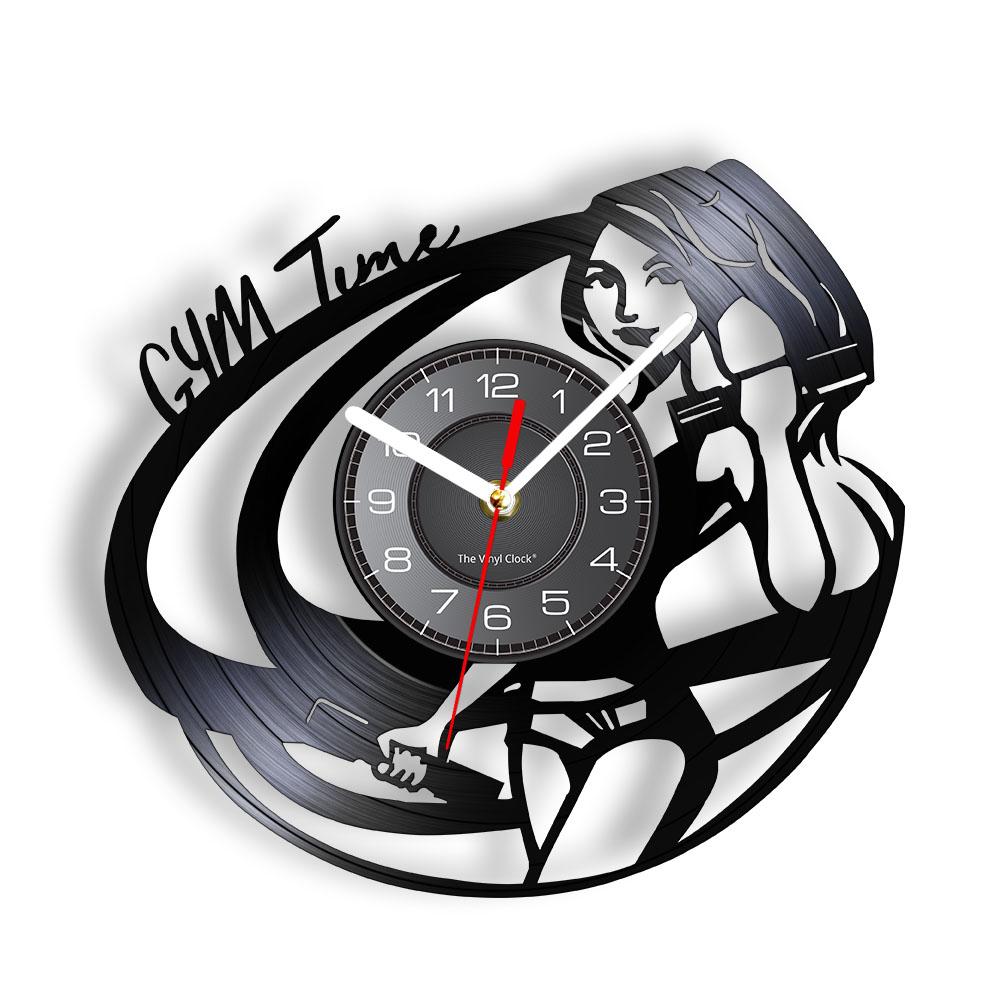 Fitness Room Wall Decor Clock Sports Girl Bodybuilding Wall Clock Motivation Quote GYM Time Vinyl Music Vinyl Record Wall Clock