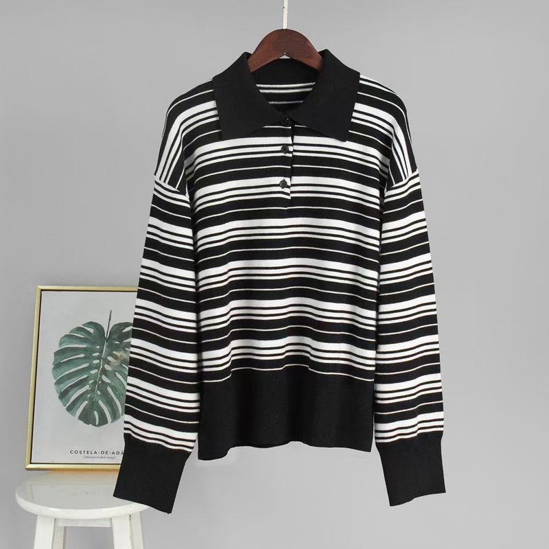 

Fashion Style New Arrival Fashion All-Match Stripes Knitwear Long Sleeves Sweater Knitted Striped Sweater Black S
