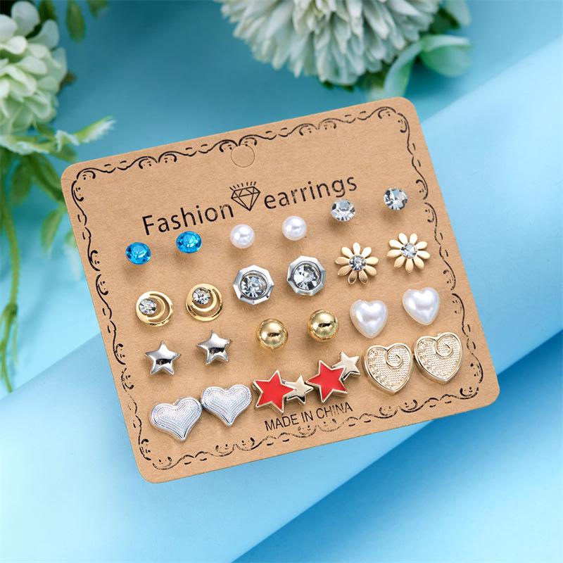 European & American Gold Fashion 12-Pair Rhinestone Stud Earring Set: Hearts, Feathers, Figure 8, Stars