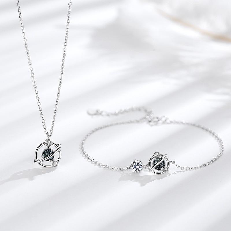 Colier Planetă Univers de Vis Femeie 925 Creativ Blue Glass Crystal Clavicle Lanț 16K Rose Gold Articol de cadou