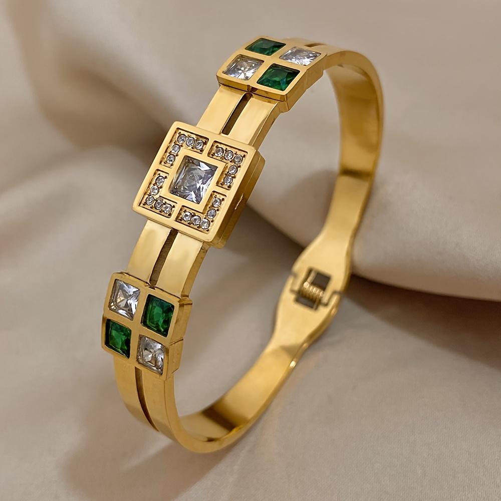 Luxury Stainless Steel Bracelet with Green Synthetic Cubic Zirconia - Fashion Cuff Bangle Jewelry